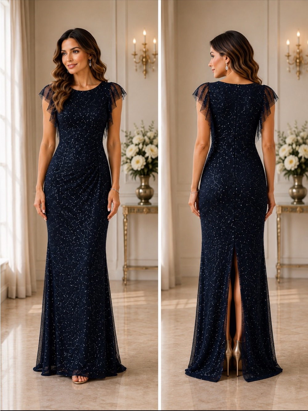 Adrianna-Papell flutter sleeves NAVY long beaded Gown 💫💃